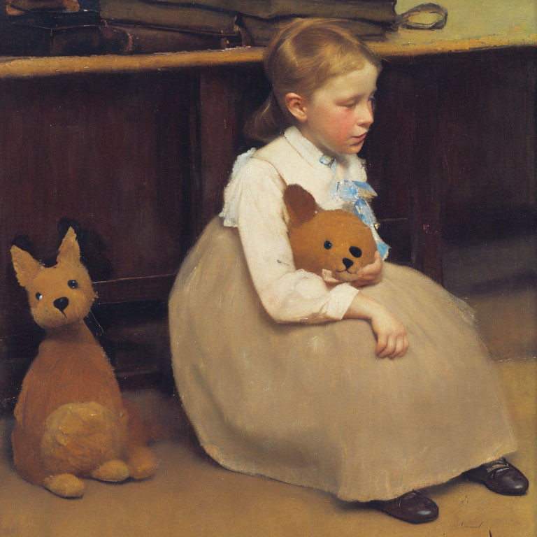 Young girl in white dress with blue ribbon holding stuffed bear and toy dog