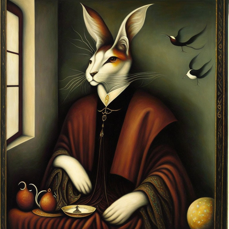 Anthropomorphic feline in robes with birds, fruit, and window in surreal painting