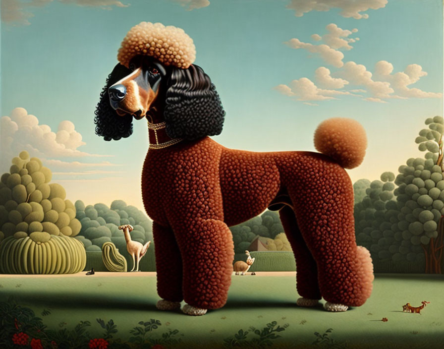 Stylized dog with human-like hairstyle in surreal landscape