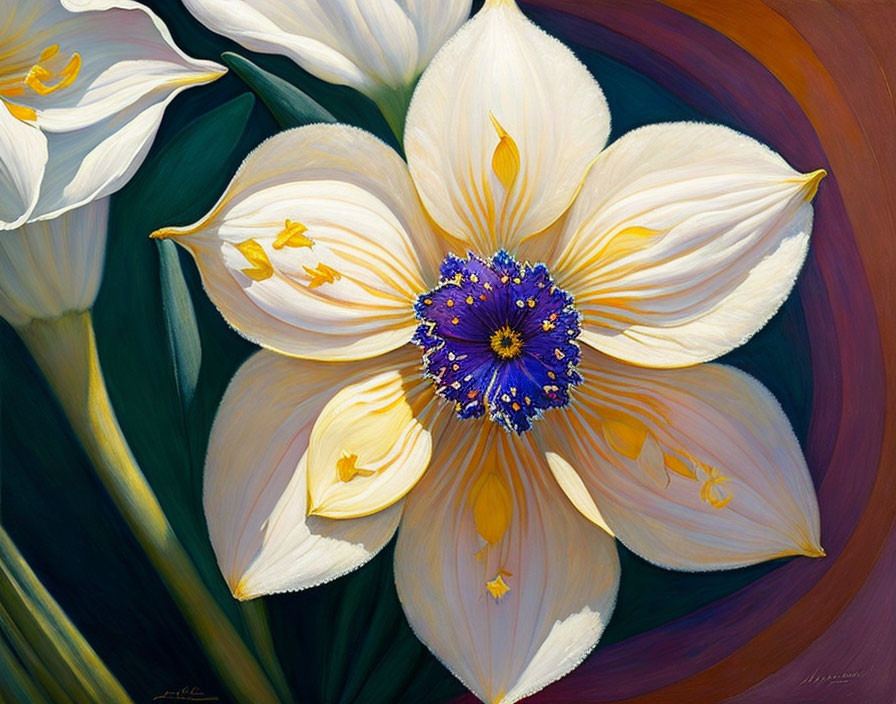Colorful painting of white flower with purple and yellow center on swirling reddish backdrop