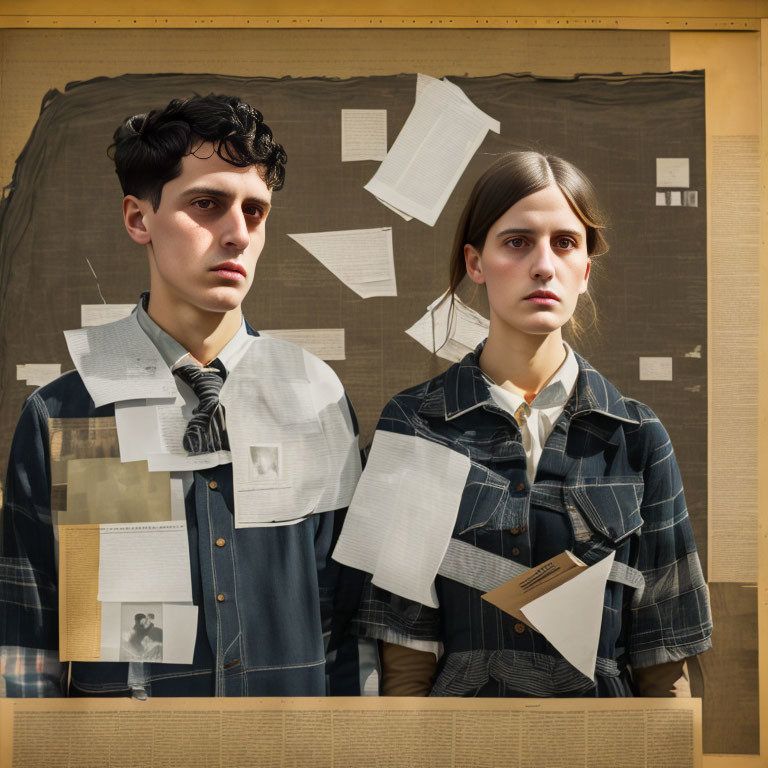 Two young adults with papers taped, standing by bulletin board.