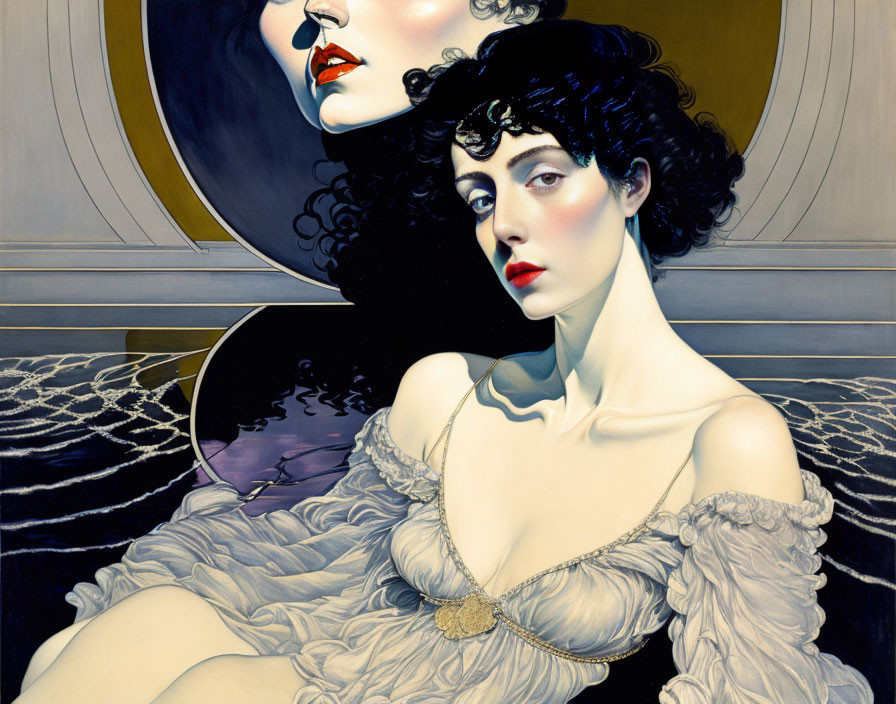 Illustration of woman with pale skin, dark curly hair, red lips, in white dress with gold
