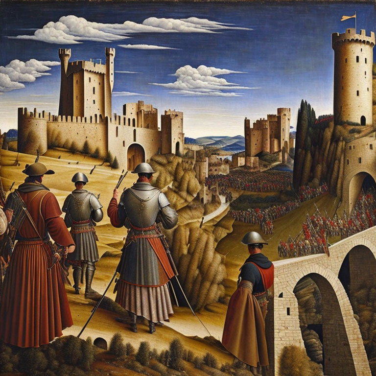Medieval armored soldiers, archers, bridge, and city in artwork.