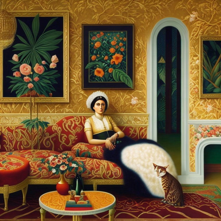 Traditional Attire Woman in Ornate Room with Cat and Floral Patterns