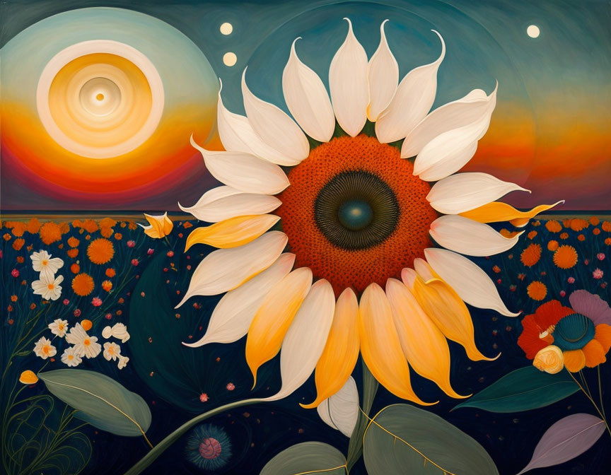 Colorful sunflower painting with twilight sky and swirling sun horizon