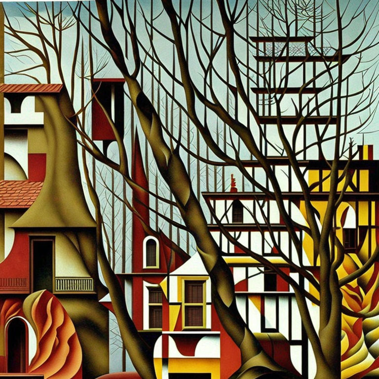 Village painting with intertwined trees and colorful houses