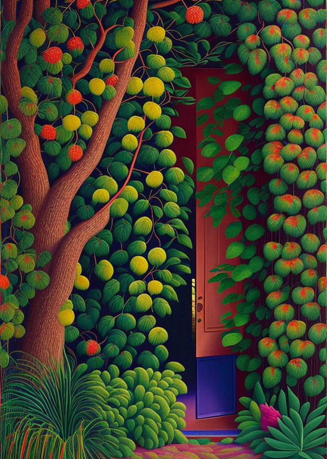 Colorful Painting of Hidden Door in Lush Foliage