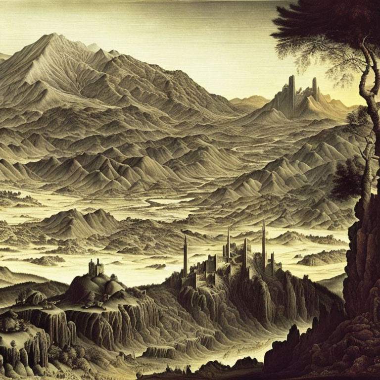 Detailed monochrome landscape: vast valley, towering mountains, cascading waterfalls, castle-like structures.