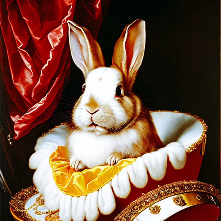 Realistic White and Brown Rabbit in Red and Gold Crown on Black Background
