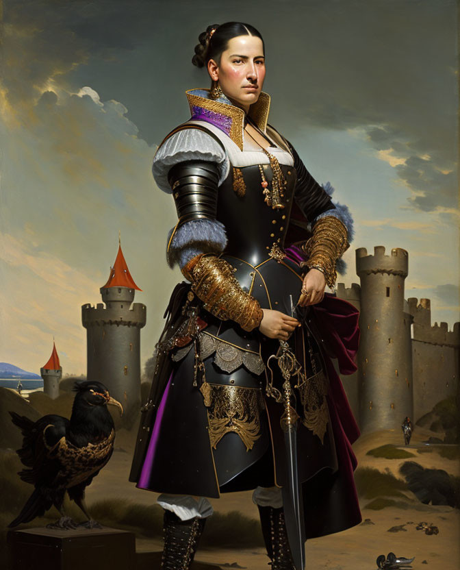 Renaissance noble in ruff holding a helmet with castle and falcon in background