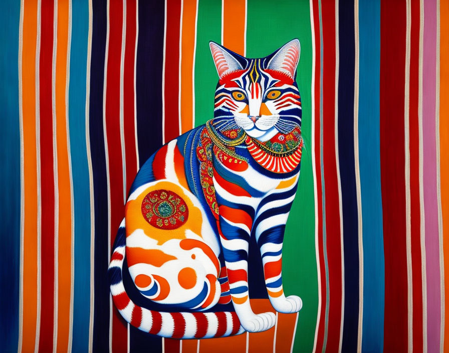 Vibrant cat painting with intricate patterns on multicolored background