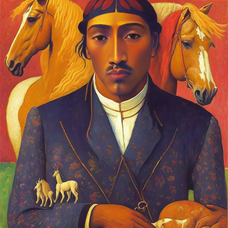 Solemn-faced man in blue jacket with horse figurine, stylized horses on red backdrop