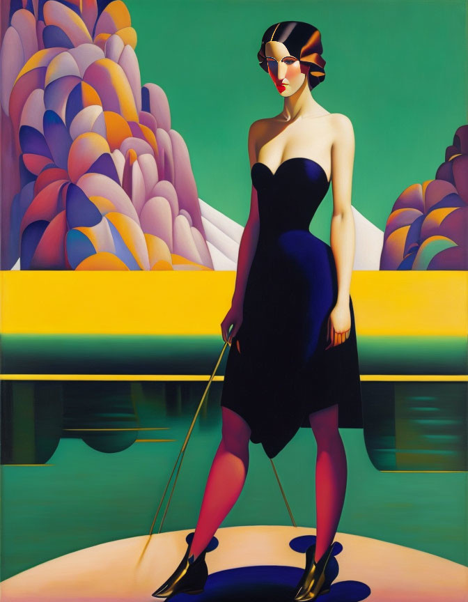 Stylized painting of woman in black dress with cane in abstract landscape