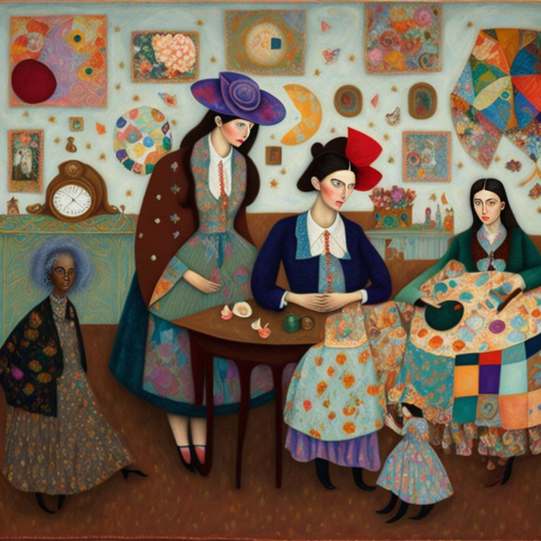 Stylized women in colorful room with teacups and elegance