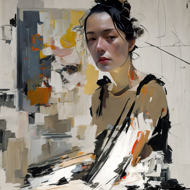 Abstract portrait of woman in contemplative mood with vibrant palette knife strokes