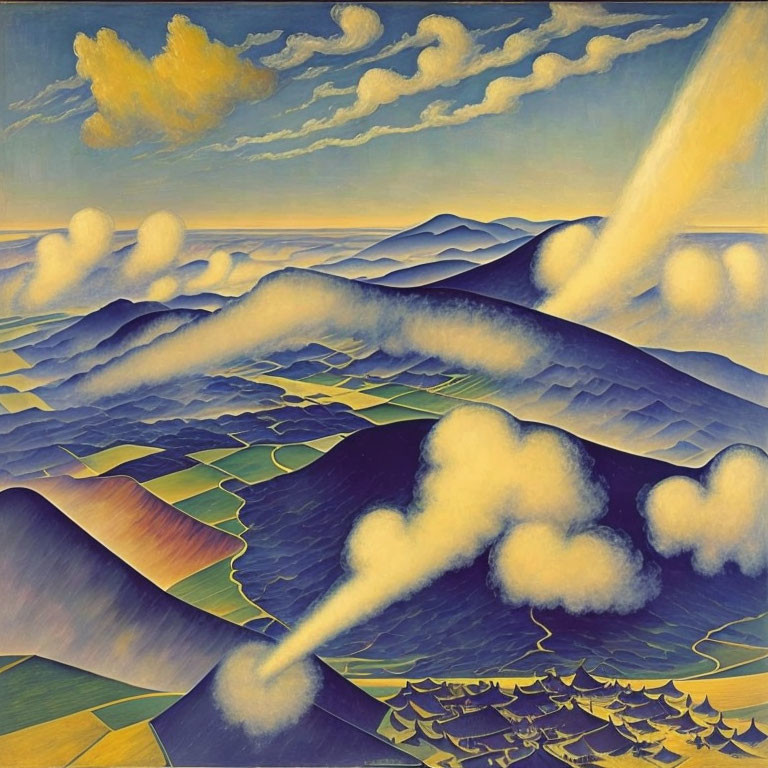 Stylized surreal landscape with mountains, clouds, and sunbeams