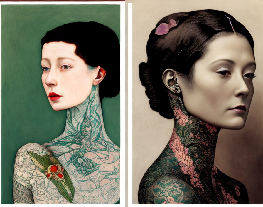 Two women portraits with intricate tattoos on necks and shoulders, one green background, the other beige,