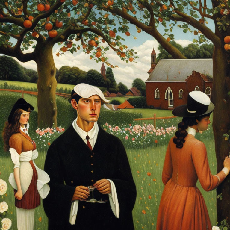 Vintage clothing painting: Three people under apple trees with man holding book, church in background