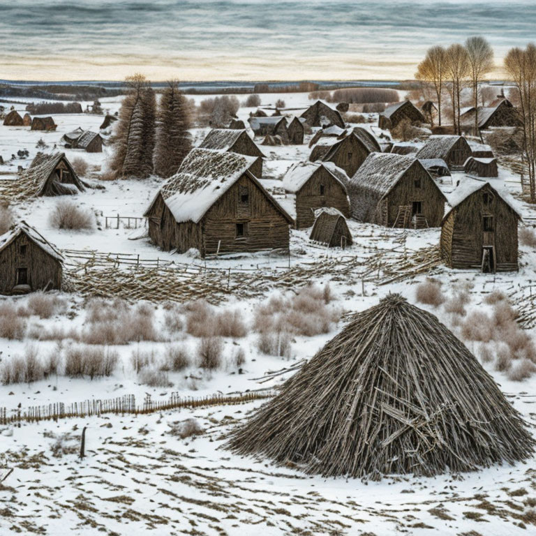 Snow-covered log cabins, haystack, fences, and bare trees in rustic winter scene