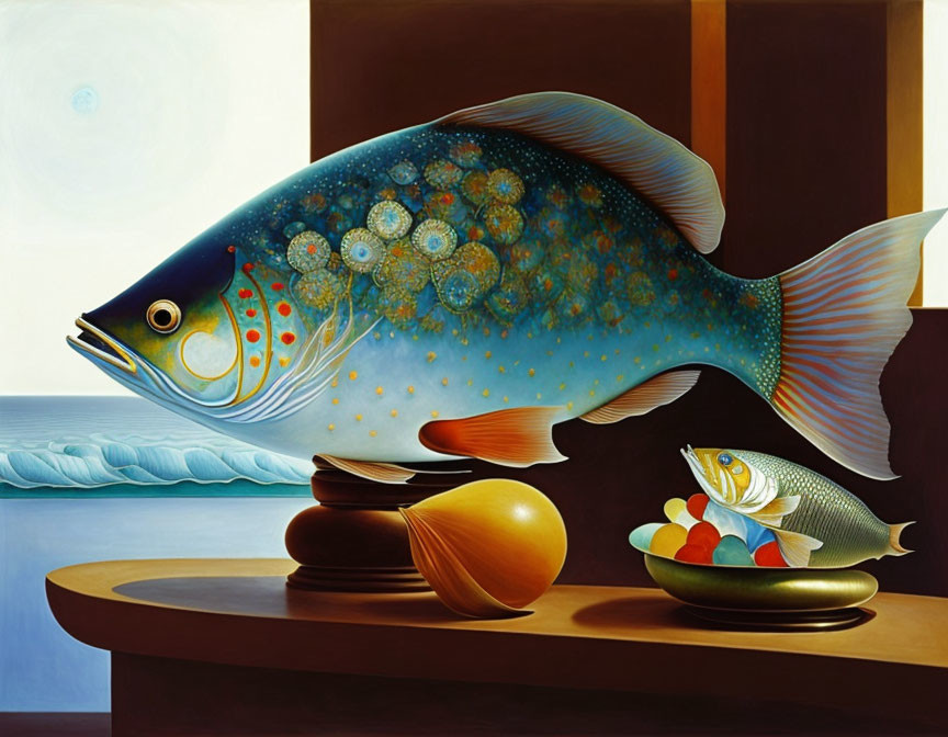 Surreal painting of levitating fish above table with seascape