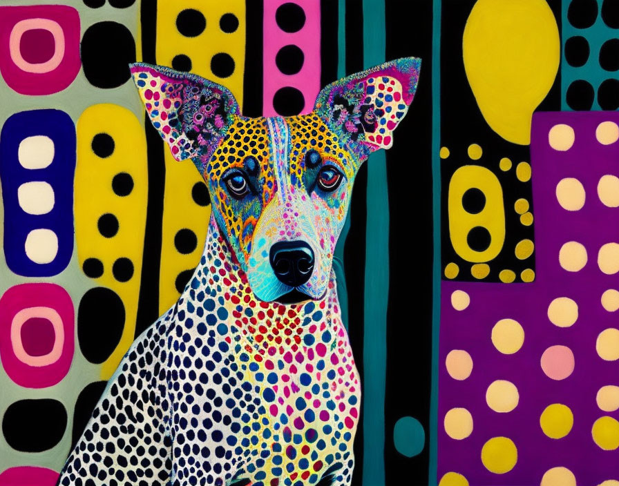 Vibrant pop art dog painting with dotted patterns and geometric background