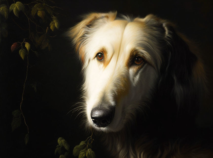 Long-Haired Dog Portrait Against Dark Background with Leaves