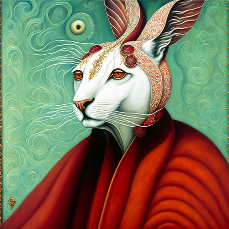 Surreal humanoid rabbit illustration with intricate patterns in red robe