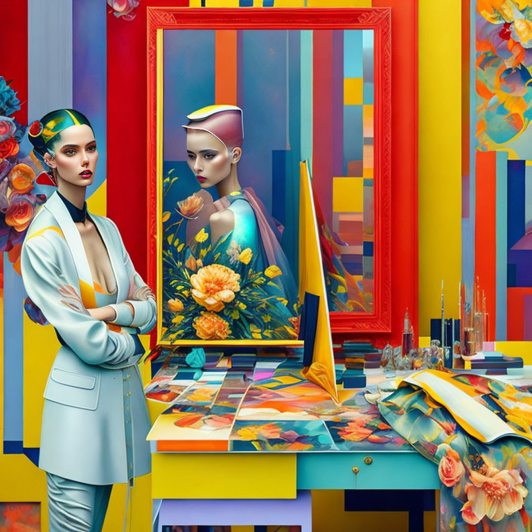 Two Women with Stylized Makeup near Vibrant Painting and Artistic Supplies