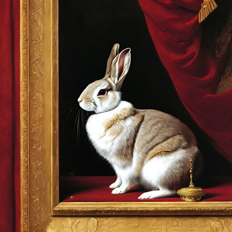 Realistic painting of rabbit as royalty with golden cup and red velvet curtain