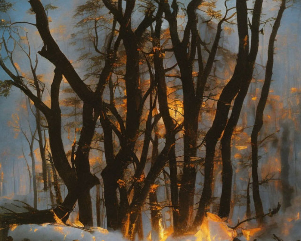 Forest fire painting with figures watching flames at night