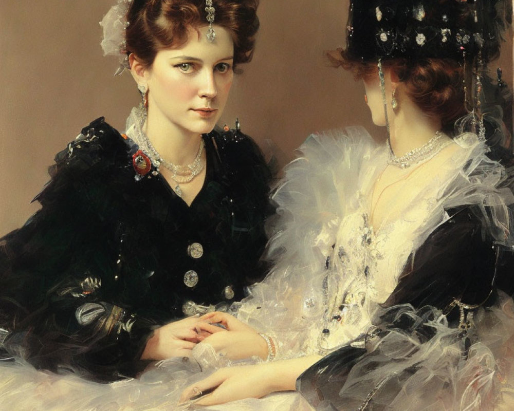 Elegant painting of two women in pearls and lace in dimly lit setting