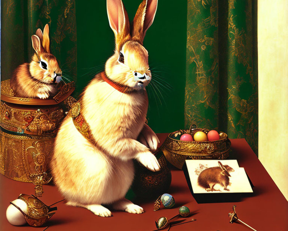 Anthropomorphic rabbits surrounded by Easter eggs and ornate objects