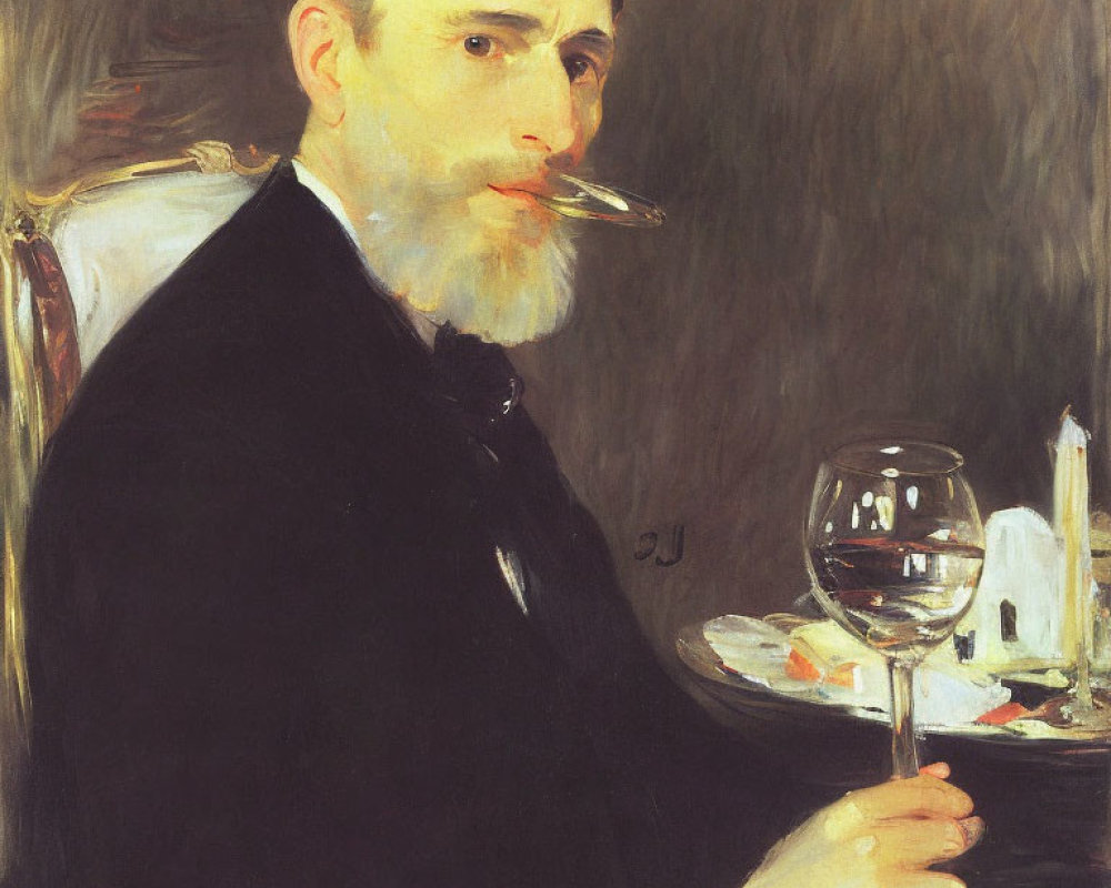Bearded gentleman in dark suit with wine glass, meal, candles, and cigarette.