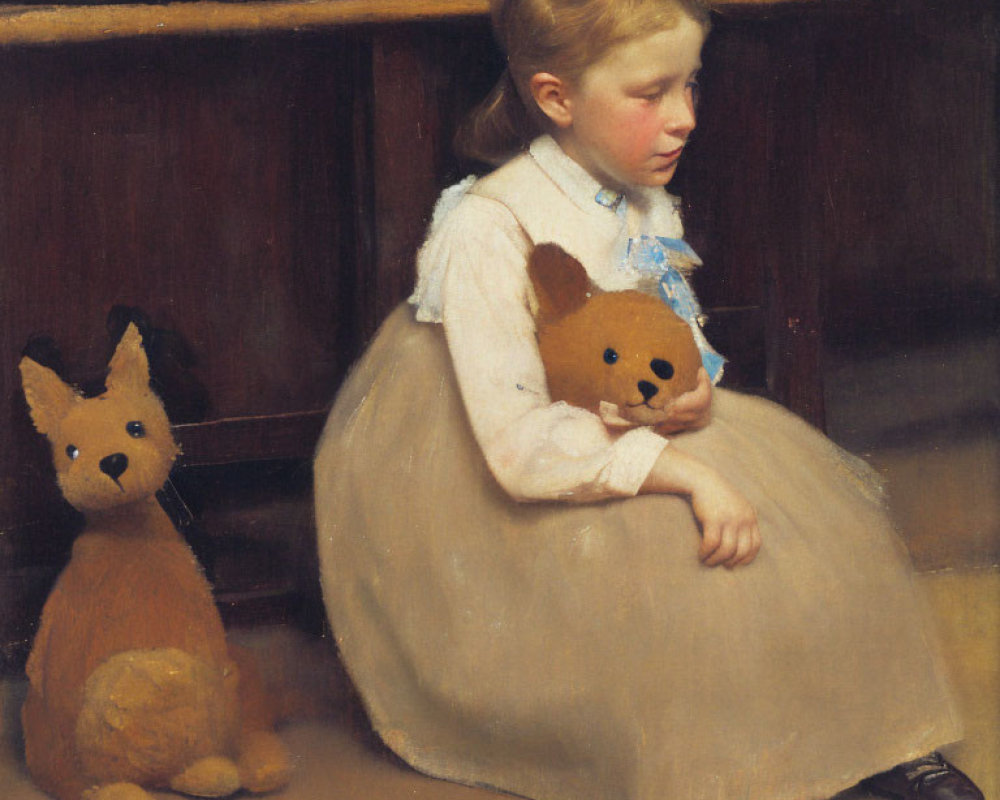 Young girl in white dress with blue ribbon holding stuffed bear and toy dog