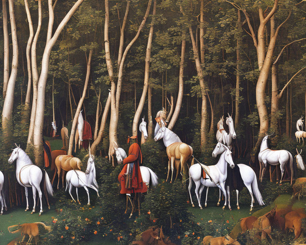 Group of unicorns in forest with animals and people.