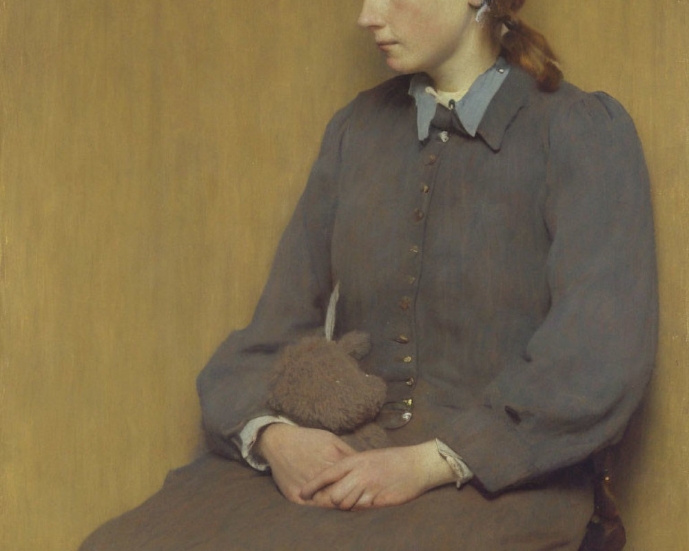 Seated woman in blue dress with white collar, solemn expression