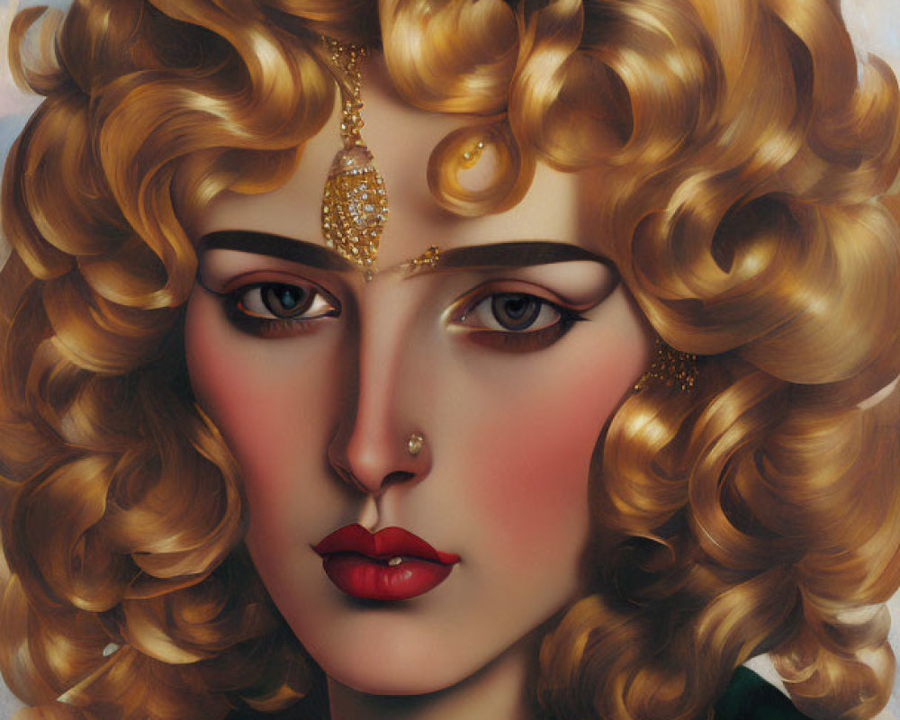 Illustration of woman with curly golden hair, ornate headpiece, red lips, and green garment