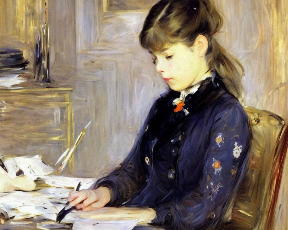 Young girl writing at desk in dark blue dress with quill and papers.