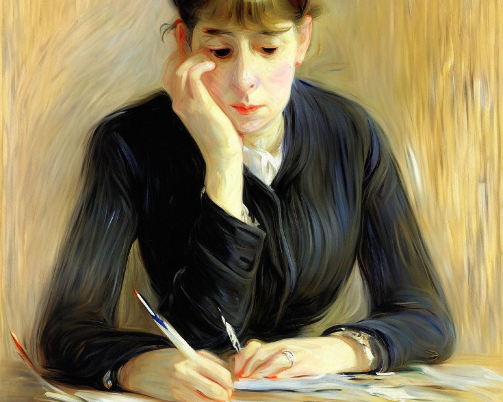 Woman Writing Surrounded by Papers in Impressionist Style