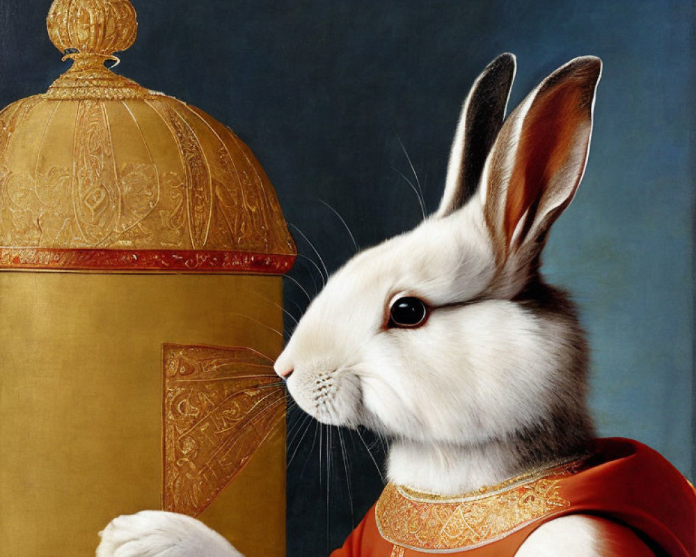 Whimsical painting of royal rabbit in golden attire