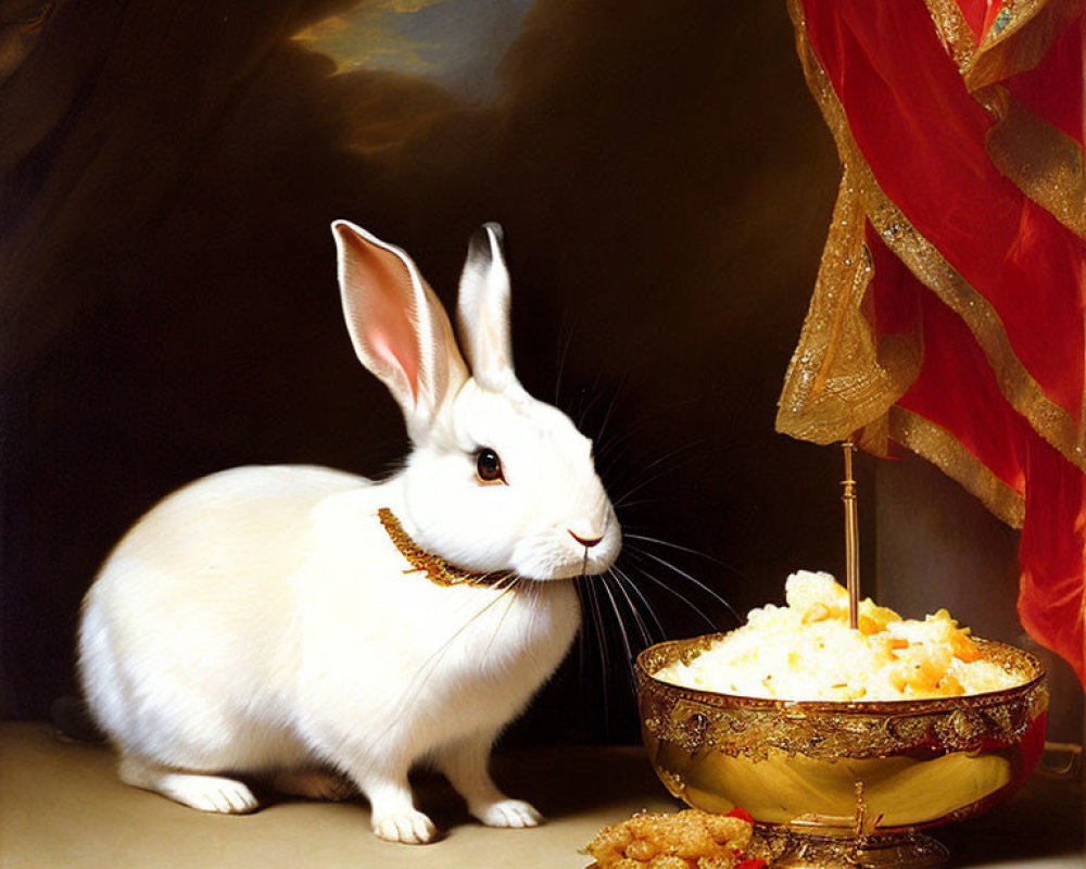 White Rabbit with Golden Necklace and Treasure on Table
