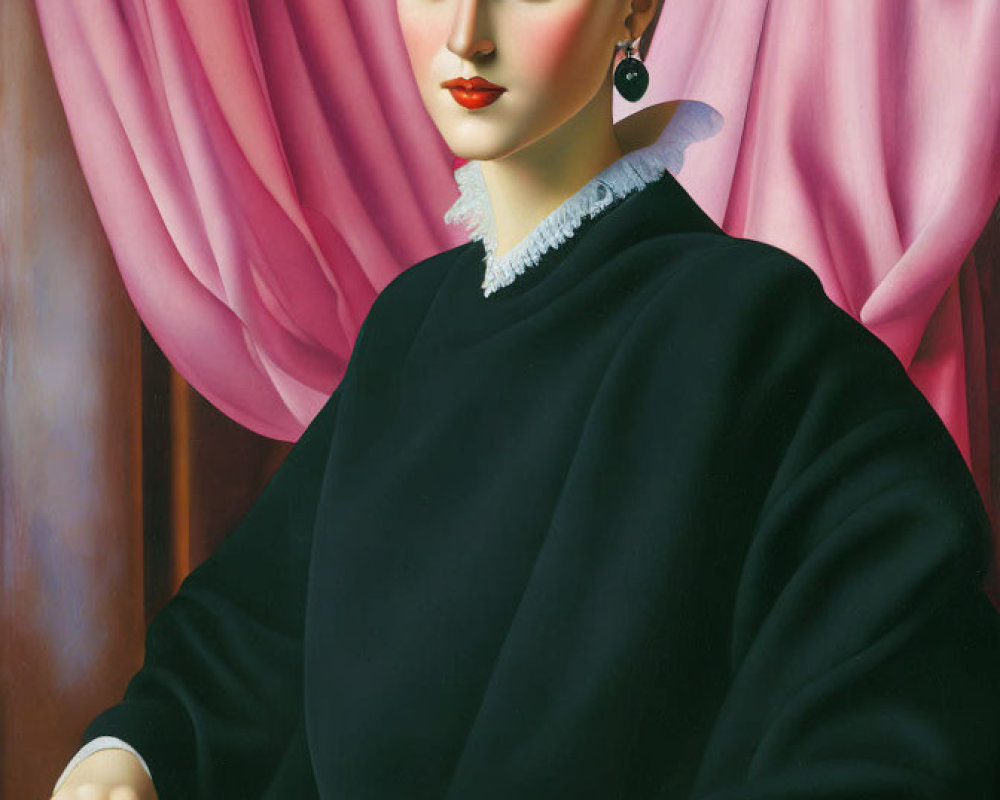 Stylized portrait of woman with pale skin and dark hair seated before pink curtain in black outfit.