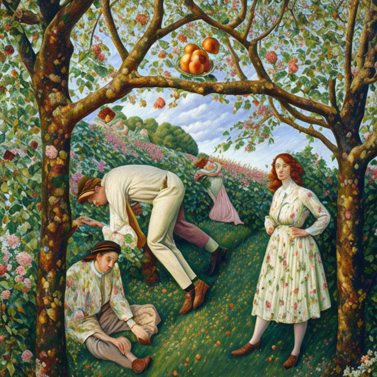 Three People Gathering Fruits in Lush Orchard