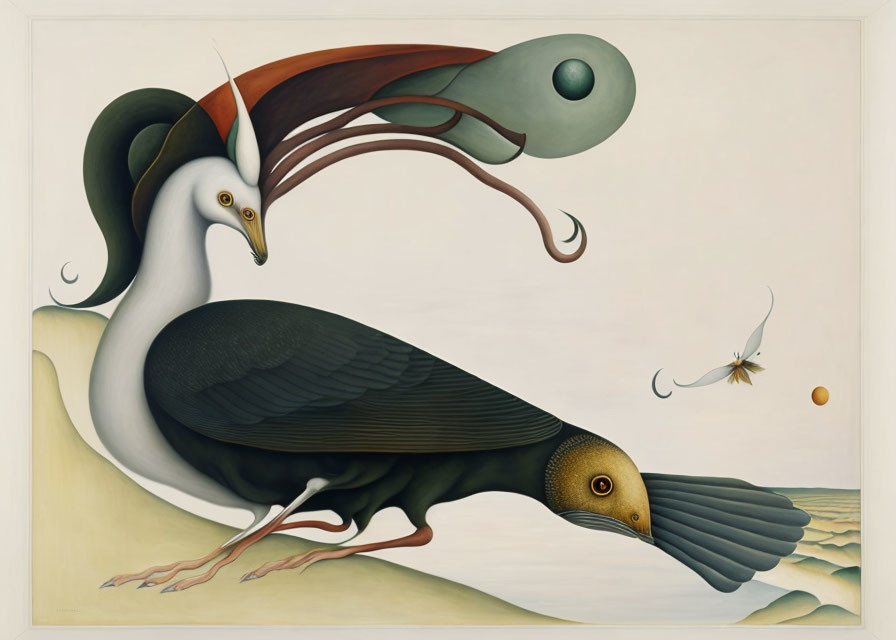 Surreal painting of bird with two heads and elongated beak in muted colors