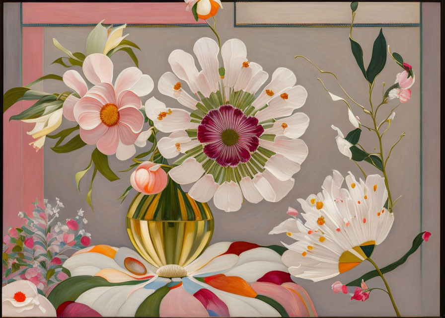Colorful flowers in striped vase on gray backdrop with ornamental details