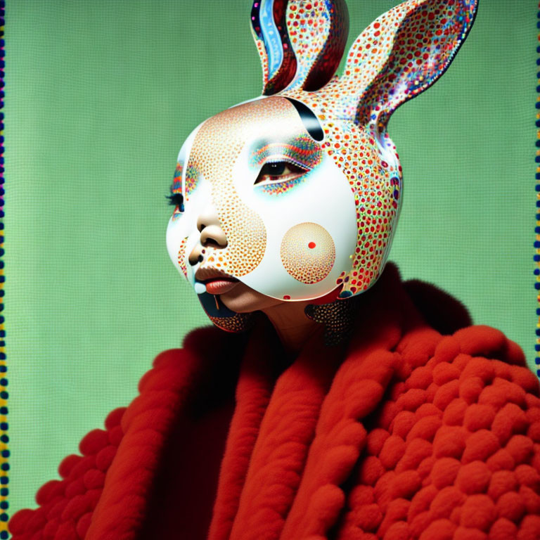 Stylized bunny ears and polka-dotted mask on figure in red outfit against green background