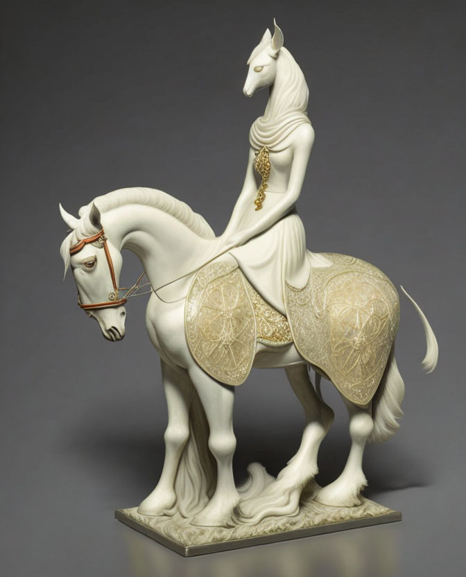 White Horse Sculpture with Golden Embellishments on Grey Background