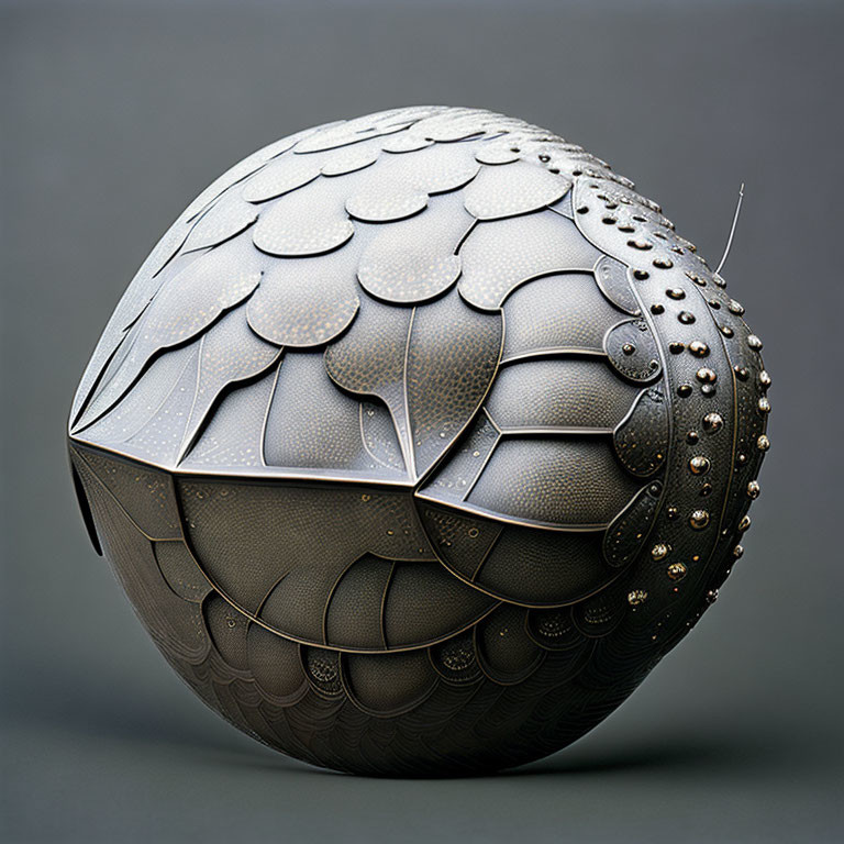 Textured spherical object with scale and stud patterns on shaded background