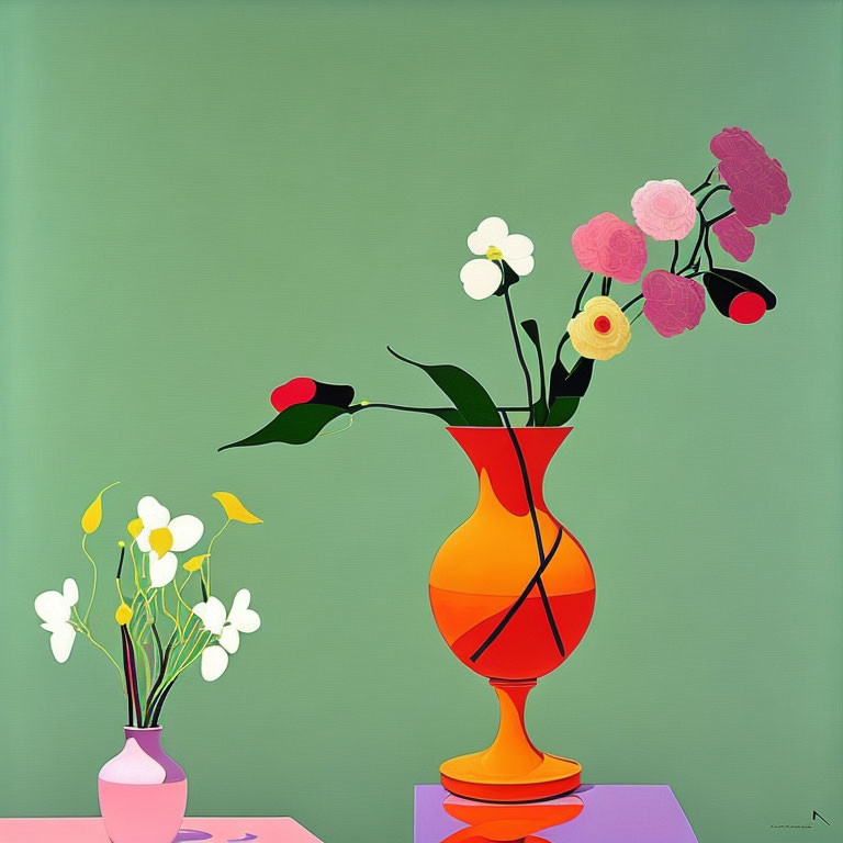 Bold orange vase with stylized flowers on green background.
