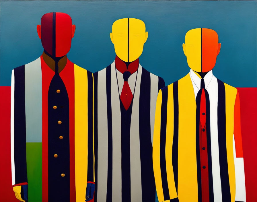 Colorful Striped Suits on Faceless Figures against Blue Background